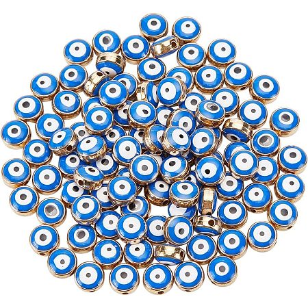 NBEADS 100 Pcs Enamel Evil Eye Beads, 8mm Flat Round Evil Eye Beads with Golden Edge Turkish Evil Eye Spacer Beads for Jewelry Making DIY Necklace Bracelet Earring Crafts