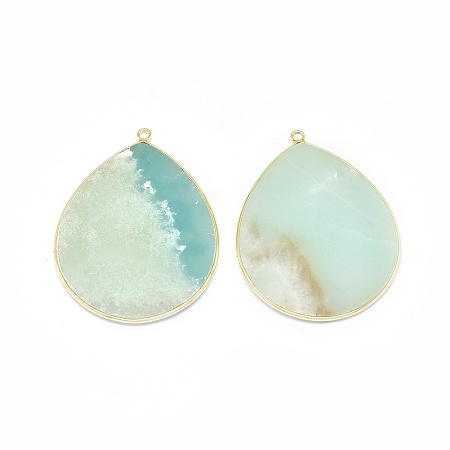 Honeyhandy Natural Amazonite Pendants, with Brass Findings, teardrop, Golden, 41~41.5x32x2mm, Hole: 1.5mm