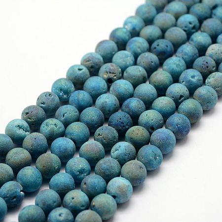 Honeyhandy Electroplated Natural Quartz Crystal Beads Strands, Druzy Geode Crystal, Round, Dark Turquoise, 8mm, Hole: 1mm, about 50pcs/strand, 15.3 inch(39cm)