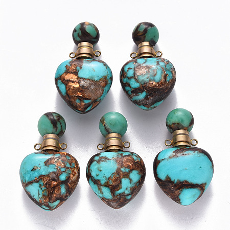Heart Assembled Natural Bronzite and Synthetic Turquoise Openable Perfume Bottle Pendants, with Brass Findings, Dyed, Golden, Capacity: 1ml(0.03 fl. oz); 37.5~38.5x22x13mm, Hole: 1.8mm