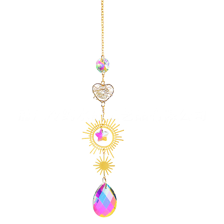 Quartz Crystal Big Pendant Decorations, Hanging Sun Catchers, with Wire Wrapped Heart, Teardrop, Clear AB, 422x43.5mm
