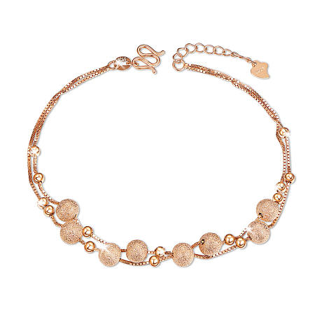 SHEGRACE 925 Sterling Silver Multi-Strand Anklets, with Box Chains, Round Beads and Textured Beads, Rose Gold, 8-1/4 inch(21cm)
