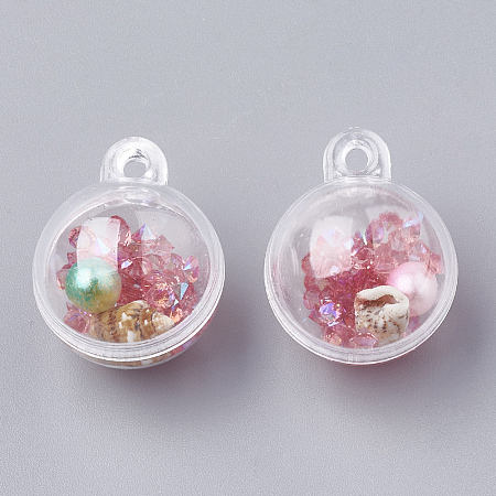 Openable Plastic Pendants, with ABS Plastic Imitation Pearl, Resin Rhinestones and Shell Beads Inside, Round, Pink, 25.5x20mm, Hole: 2mm