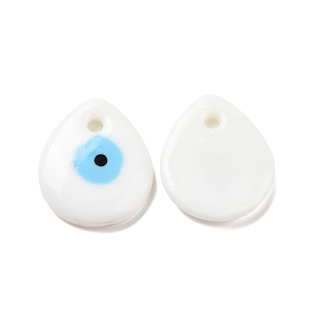 Honeyhandy Handmade Lampwork Evil Eye Pendants, Flat Teardrop, White, 34x30x5mm, Hole: 4mm
