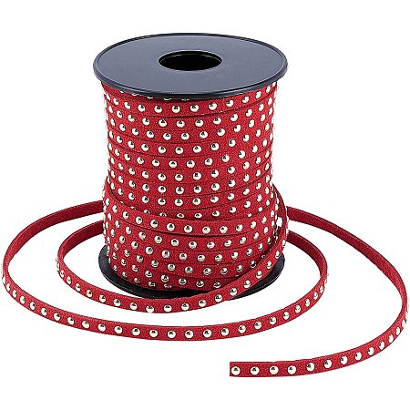PandaHall Elite 21.9 Yard Faux Leather Beading String Rivet Red Studded Faux Suede Leather Cords 5mm Lace Beading Thread Flat Lace Velvet Beading Thread for DIY Craft Necklace Bracelet Jewelry Making