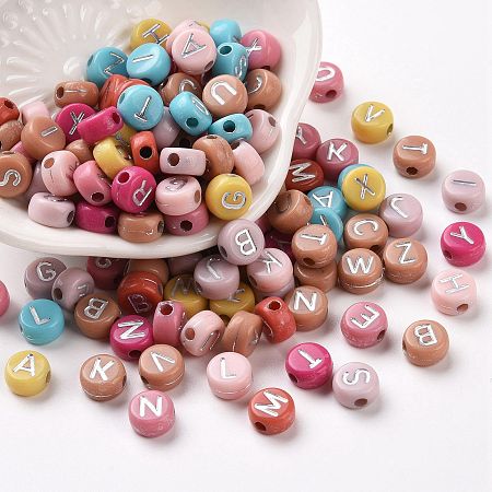 Honeyhandy Opaque Mixed Color Acrylic Beads, Metal Enlaced, Flat Round with Random Letters, Silver Plated, 7x4mm, Hole: 1.8mm, about 3700pcs/500g