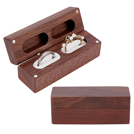PandaHall Elite 2-Slot Rectangle Black Peach Wood Couple Ring Box, Flip Cover Box, with Magnetic Clasps and Alloy Findings, for Wedding, White, 3.2x9.65x3.75cm