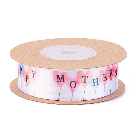 Honeyhandy Single Face Happy Mothers Day Printed Polyester Satin Ribbon, for Mother's Day Gift Packaging, Mother's Day Themed Pattern, 3/4