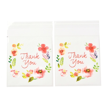 Honeyhandy Rectangle OPP Self-Adhesive Bags, with Word Thank You and Flower Pattern, for Baking Packing Bags, Colorful, 17.4x14x0.02cm, 100pcs/bag