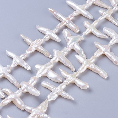 ARRICRAFT Natural Cultured Freshwater Pearl Beads Strands, Cross, White, 30~55x17~36x6~11mm, Hole: 0.8mm, about 16~17pcs/strand, 15.3 inches~15.7 inches(39~40cm)