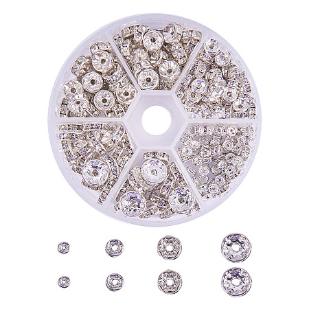 PandaHall Elite About 160 Pcs Diameter 4-10mm Brass Crystal Rondelle Rhinestone Spacer Beads for Jewelry Making Silver