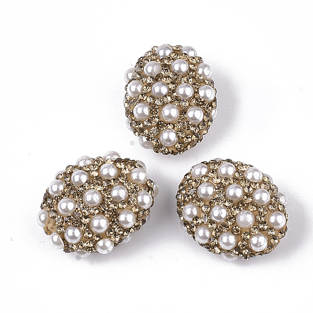 NBEADS Handmade Polymer Clay Rhinestone Beads, with ABS Plastic Imitation Pearl, Oval, Light Topaz, PP13(1.9~2mm); 25~26.5x19.5~21.5x13mm, Hole: 1.2mm
