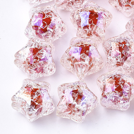 Transparent Crackle Acrylic Beads, UV Rainbow Plated, Bead in Bead, Half Drilled Beads, Star, Red, 16x17x14.5mm, Half Hole: 3mm