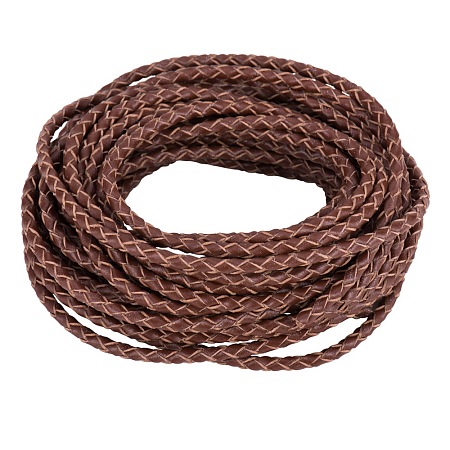PandaHall Elite 3mm Brown Round Genuine Braided Leather Necklace Cords for Jewelry Making, about 5m/bag