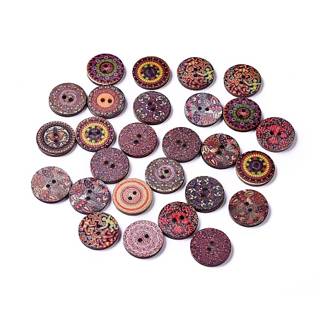 Honeyhandy Printed Poplar Wood Buttons, 2-Hole, Dyed, Flat Round with Flower Pattern, Mixed Color, 19.5x2.5mm, Hole: 1.8mm