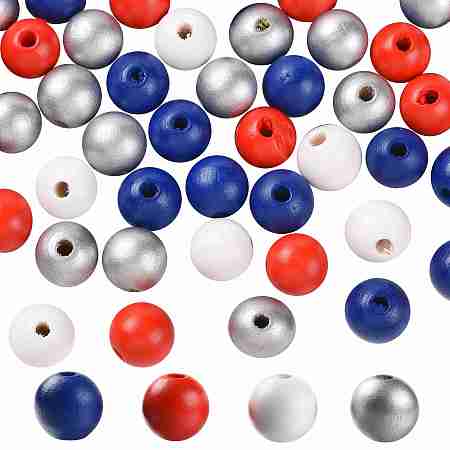 Honeyhandy 160 Pcs 4 Colors 4 July American Independence Day Painted Natural Wood Round Beads, Loose Beads for Jewelry Making and Home Decor, with Waterproof Vacuum Packing, Blue & Red & White & Silver, 16mm, Hole: 4mm, 40pcs/Color