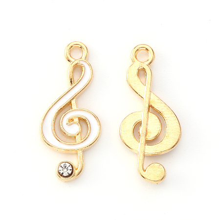Honeyhandy Alloy Enamel Pendants, with Crystal Rhinestone, Musical Note, Light Gold, White, 22x10x2mm, Hole: 1.6mm