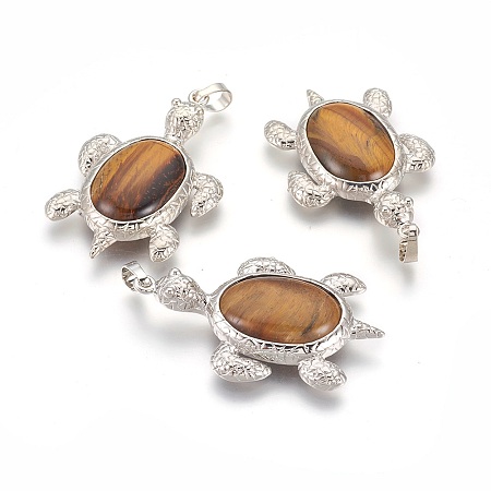 Honeyhandy Natural Tiger Eye Pendants, with Alloy Findings, Tortoise, Platinum, 49x31.5x7mm, Hole: 8x5mm