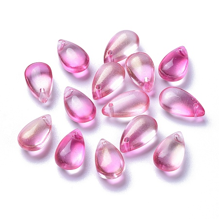 ARRICRAFT Transparent Glass Charms, Dyed & Heated, Teardrop, Hot Pink, 13.5x8x6.5mm, Hole: 1.2mm