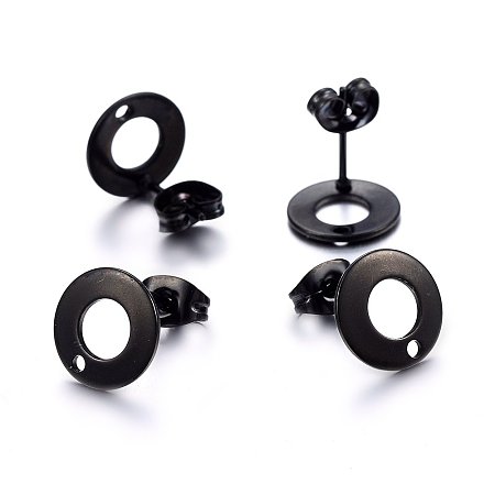 Honeyhandy 304 Stainless Steel Stud Earring Findings, with Loop, Flat Round, Electrophoresis Black, 10x1mm, Hole: 1.5mm, Pin: 0.8mm
