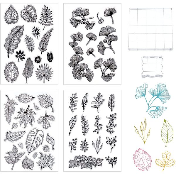 GLOBLELAND 4 Sheets Leaves Clear Stamps with 2 Pieces Acrylic Stamp ...