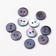 Honeyhandy 2-Hole Shell Buttons, Flat Round, Black, 10x2mm, Hole: 1.5mm