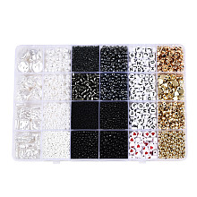 DIY 24 Style Acrylic & ABS Beads Jewelry Making Finding Kit, Flat Round & Star & Barrel & Round & Heart & Strip & Rhombus, Black, 6~18.5x6~15x2.2~16.5x1.5~7.5mm, Hole: 0.7~1.8mm