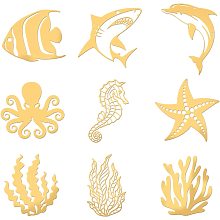 OLYCRAFT 9pcs Ocean Themed Pattern Stickers Self Adhesive Metal Stickers Golden Orgonite Stickers Resin Supplies Sticker for Scrapbooking Phone & Water Bottle Decoration - 1.6x1.6 inch