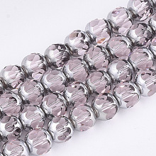 Honeyhandy Electroplate Glass Beads Strands, Half Silver Plated, Faceted, Round, Pink, 8~8.5x7~8mm, Hole: 1mm, about 40pcs/strand, 11.8 inch