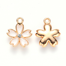 Honeyhandy Alloy Enamel Pendants, with Crystal Rhinestone, Sakura Flower, Light Gold, Wheat, 17x14x3mm, Hole: 1.8mm