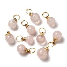 Natural Rose Quartz Openable Perfume Bottle Pendants, with Golden Tone Brass Findings, Round Charm, 31~36mm, Pendant: 21.5~26x8.5~18mm