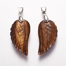 Honeyhandy Natural Tiger Eye Pendants, Wing, Platinum, 29x15x6mm, Hole: 4mm