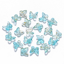 Honeyhandy Two Tone Transparent Spray Painted Glass Charms, with Glitter Powder, Butterfly, Turquoise, 9.5x11x3mm, Hole: 0.8mm