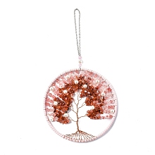 Honeyhandy Wire Wrapped Chips Natural Rose Quartz & Red Agate Big Pendant Decorations, with Iron Chains and Imitation Leather Rope, Flat Round with Tree of Life, 295mm