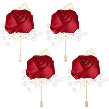 CRASPIRE Set of 4 Red Boutonnieres Groom and Best Man Boutonniere Rose Buttonhole Ribbon Flower Set for Groom Groomsmen Wedding Prom,Wedding Decoration Flowers