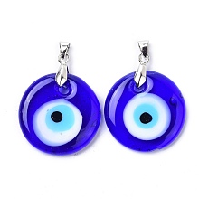 Honeyhandy Handmade Evil Eye Lampwork Pendants, Flat Round, Platinum, 30x5.5mm, Hole: 4x6mm