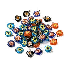 Honeyhandy Handmade Millefiori Glass Pendants, Single Flower Design, with Brass Findings, Heart, Platinum, Mixed Color, 20x17~18x5~7mm, Hole: 2x5mm