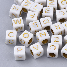 Honeyhandy Plated Acrylic Beads, Horizontal Hole, Cube with Random Initial Letter, Gold, 6x6x6mm, Hole: 3.5mm, about 3270pcs/500g