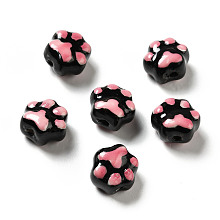 Honeyhandy Handmade Printed Porcelain Beads, Paw Prints, Black, 13.5x15x9.5mm, Hole: 1.8mm