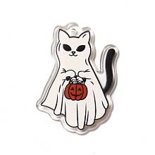 Honeyhandy Printed Acrylic Pendants, Cat with Pumpkin Charm, White, 43x28x2.2mm, Hole: 1.8mm