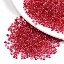 Honeyhandy 6/0 Glass Seed Beads, Transparent Inside Colours, Round Hole, Round, Crimson, 6/0, 4~5x2.5~4.5mm, Hole: 1.2mm, about 4500pcs/bag