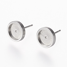 Honeyhandy 304 Stainless Steel Stud Earring Settings, Flat Round, Stainless Steel Color, 13x10mm, Tray: 8mm, Pin: 0.8mm