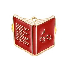 Alloy Enamel Pendants, Cadmium Free & Nickel Free & Lead Free, Golden, Book Charm, FireBrick, 23.5~24x25x1.4mm, Hole: 1.8mm