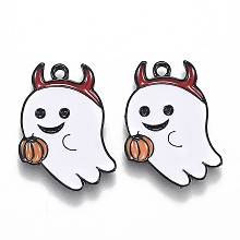 ARRICRAFT Halloween Theme Alloy Enamel Pendants, White Ghost with Pumpkin Lantern, Electrophoresis Black, 21.5x17x1.5mm, Hole: 1.6mm