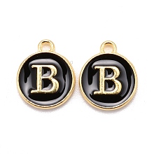 Honeyhandy Golden Plated Alloy Charms, Cadmium Free & Lead Free, with Enamel, Enamelled Sequins, Flat Round with Letter, Black, Letter.B, 14x12x2mm, Hole: 1.5mm