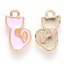 Honeyhandy Alloy Enamel Charms, Cat Shape, Light Gold, Pink, 15x8x1.5mm, Hole: 1.6mm