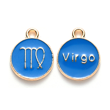 Honeyhandy Alloy Enamel Pendants, Cadmium Free & Lead Free, Flat Round with Constellation, Light Gold, Dodger Blue, Virgo, 15x12x2mm, Hole: 1.5mm