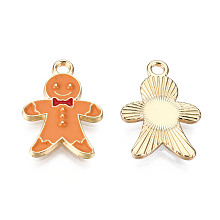 Honeyhandy Alloy Enamel Pendants, for Christmas, Light Gold, Gingerbread Man, Dark Orange, 20.5x14x2mm, Hole: 2mm