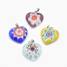 Honeyhandy Handmade Millefiori Glass Pendants, Single Flower Design, with Brass Findings, Heart, Platinum, Mixed Color, 20x17~18x5~7mm, Hole: 2x5mm