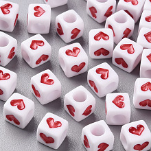 Honeyhandy White Opaque Acrylic Beads, Cube with Heart, FireBrick, 6.5x6x6mm, Hole: 3mm, about 320pcs/50g